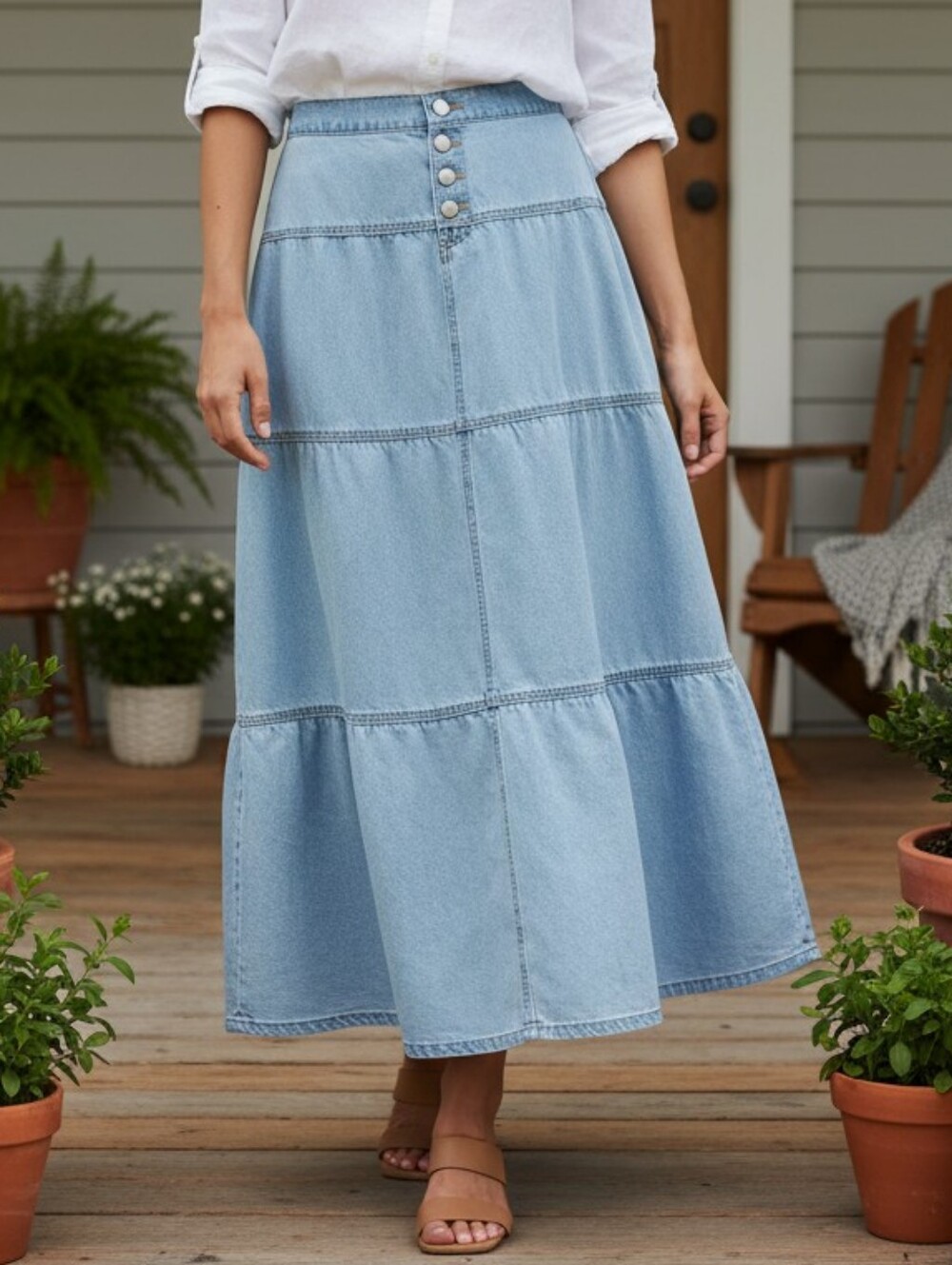 Risen High-Rise Button Elastic Waist Tiered Ruffle Long Denim Maxi Jean Skirt
